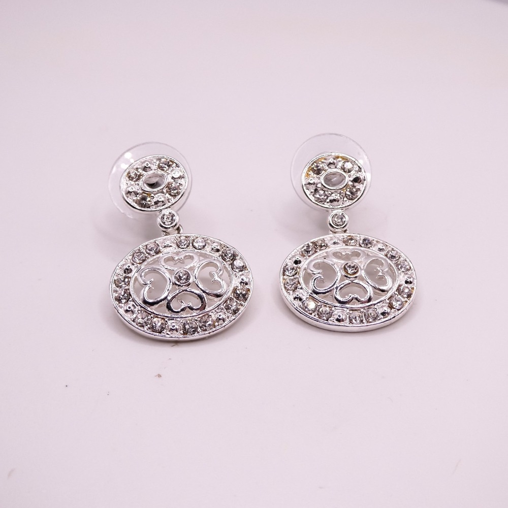 Vintage Rhinestone Drop Dangle Silver Women's 1" Oval Earrings
